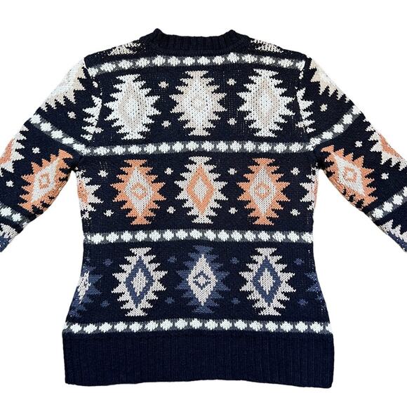 L.L. Bean Signature Navy Orange White Knit Southwestern Sweater Womens Large - Picture 8 of 12